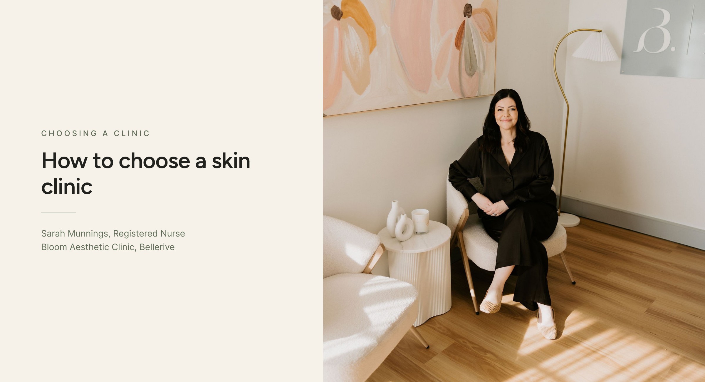 Sarah Munnings seated in the lounge at Bloom Aesthetic Clinic, Bellerive.